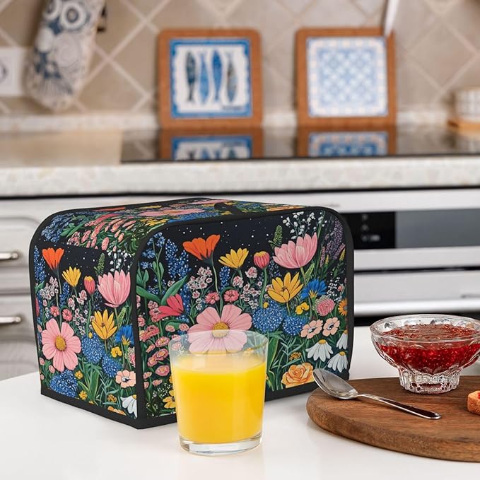 2 Slice Toaster Cover for Kitchen Wildflower Art Floral Black aterproof and Dustproof Toaster Dust Cover with Side Pockets Decorative Universal Cover for Wide Slot Toasters and Small Appliances