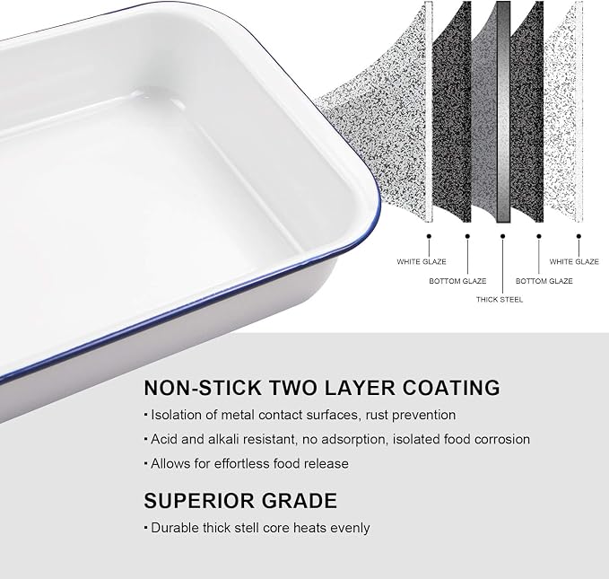 Webake Enamelware 9x13 Baking Pan with Lid Oblong Cake Pan Enameled Steel Roasting Pan Baking Dish Lasagna Pan Food Containers