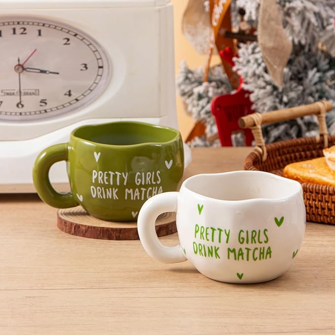 4pcs Ceramic Coffee Cups, 9.4OZ Cute Matcha Cup Set, Green & White, Dishwasher Safe Green Tea Mugs, Pretty Girls Collection