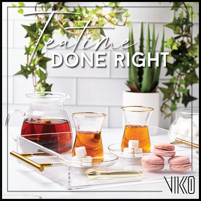 Vikko Turkish Tea Glasses & Saucers, Set, 6 Cups and 6 Plates, 5.5 Oz Tea Cups, Turkish Glass Tea Set For Six, Clear Glass Tea Cups And Saucers, Gold Accented