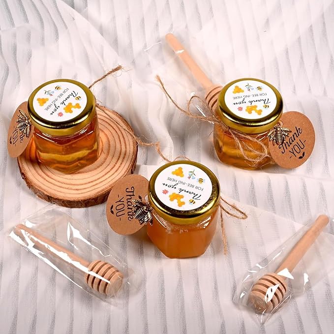 Adabocute Mini Honey Jars with Dipper - Hexagon Honey Pot Set with Gold Lid, Bee Pendants, Jutes, Gold Organza Bags and Stickers - Perfect for Baby Shower Party Favors Wedding Favors, 60 Pack 1.5oz