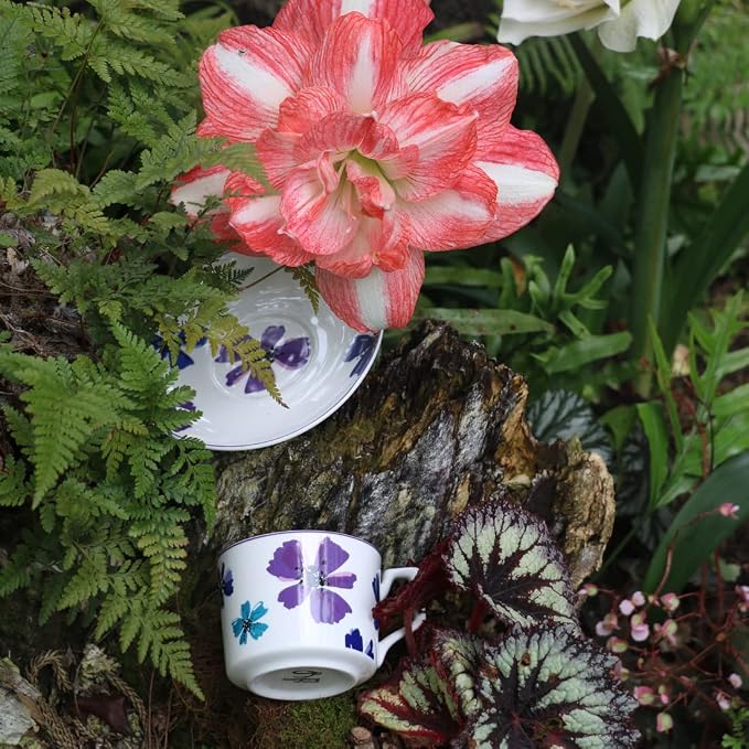 GuangYang 7oz Tea Cups set of 6, Fancy Color Flowers Design (Durable Porcelain for Hot Tea, Coffee, Latte,Small Macchiato, Cappuccino, Chocolate Drinks and Party)