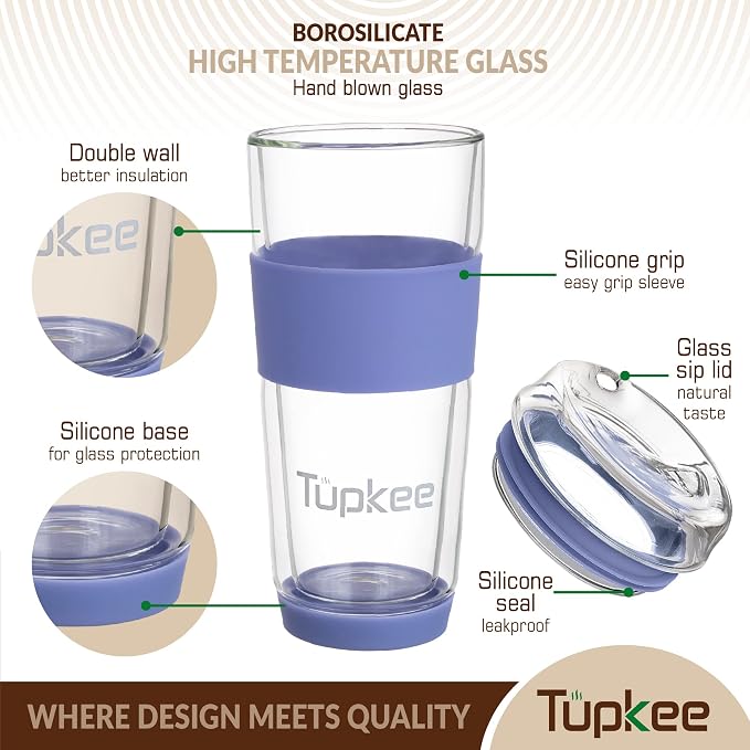 Double Wall Glass Tumbler - 14-Ounce, All Glass Hand Blown Reusable Insulated Tea/Coffee Mug & Lid, Travel Mug - Jacaranda