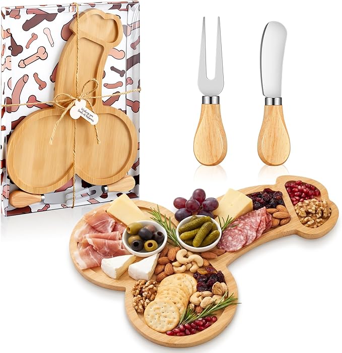 Patelai Penis Gifts Penis Shaped Cheese Board Set Funny Bachelorette Gifts Novelty Mini Bamboo Charcuterie Cutting Board with Cheese Knives Set Aperitif Platter for Kitchen, Parties, Housewarming