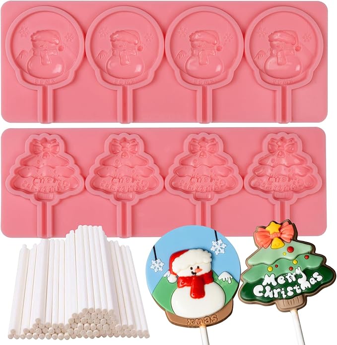 KALAIEN 2 Pack Christmas Lollipop Molds Set, Christmas Silicone Molds Candy Gummy Mold for Chocolate with 100pcs Lollypop Sucker Sticks