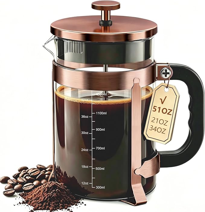 QUQIYSO French Press Coffee Maker, Large French Press with Thick Borosilicate Glass, 304 Stainless Steel Filter, Teapot & Coffee Maker for Home, Office, Party, 51oz, Copper