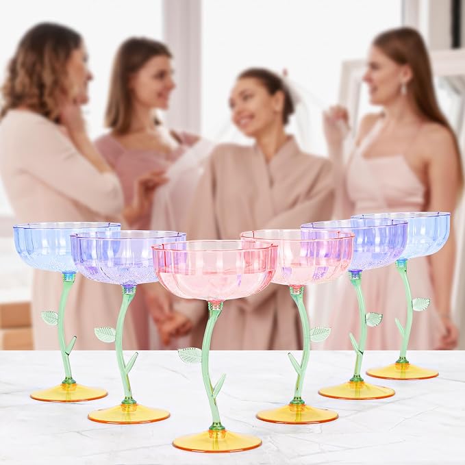 12 Pcs Pink Plastic Ribbed Coupe Glasses Detachable 7oz Flower Cocktail Glasses Modern Wavy Plastic Cocktail Coupes Disposable Martini Glasses Mimosa Glassware champagne goblets (12, PInk)