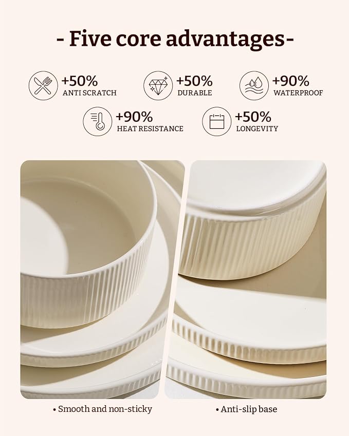 18-Piece Plates and Bowls Set, Porcelain Dinnerware Sets for 6 Service, Modern Dish Set-Chip and Scratch Resistant, Dishwasher & Microwave Safe, Creamy White
