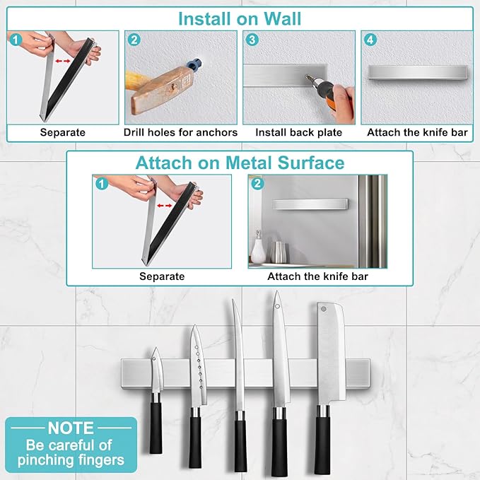 Magnetic Knife Holder for Wall 16 Inch Knife Magnetic Strip Refrigerator, 17 Inch Magnetic Knife Holder with 4 Hooks, Dual Rod Strong Magnet Knife Bar for Partry Garage Tool Rack