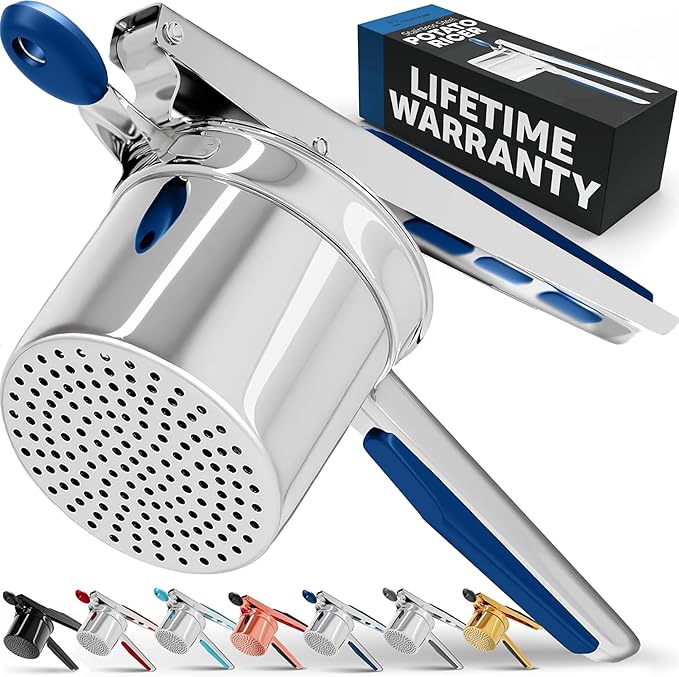 PriorityChef Large 15oz Potato Ricer, Heavy Duty Stainless Steel Potato Masher and Ricer Kitchen Tool, Press and Mash Kitchen Gadget For Perfect Mashed Potatoes - Everytime, Blue