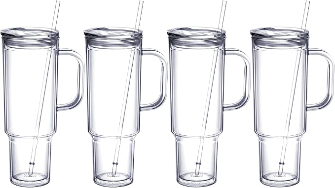MEWAY 40 oz Acrylic Tumbler with Handle and Straw Lid，Double Wall Vacuum Reusable plastic Water Bottle Travel Mug Cup，Classic Tumblers Cupholder Friendly (4 Pack)