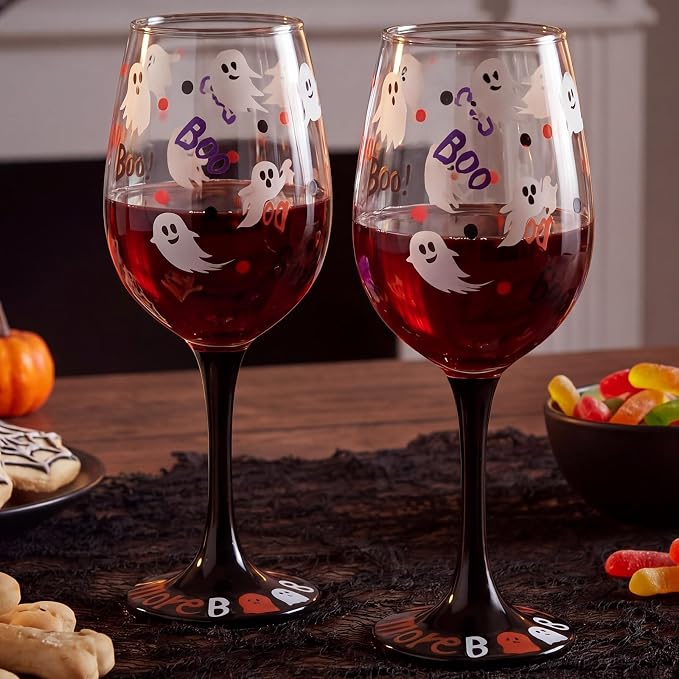 SiliFine 2 Pcs Halloween Ghost Theme Party Stemmed Wine Glasses Hand Painted Drinking Cup Wine Glasses Gifts for Halloween Birthday Theme Holiday Party Supplies