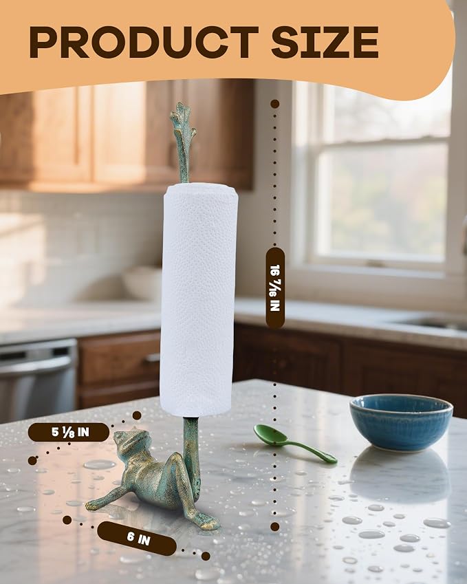 16.5" Golden-Green Frog Paper Towel Holder for Bathroom & Kitchen - Whimsical Cast Iron Free Standing Paper Roll Holder, Decorative Toilet Paper Stand with Weighted Base