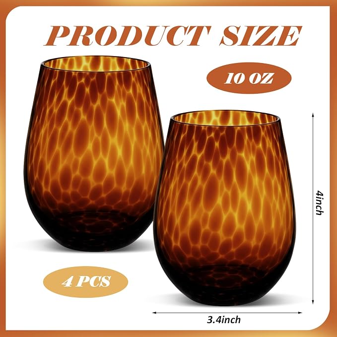 Honeydak Set of 6 Tortoise Leopard Print Brown 16oz Rocks Glasses Stylish Stemless Cocktail Cups Glass Glassware Tumbler Ideal for Gin, Tequila, Vodka, Soft Drinks