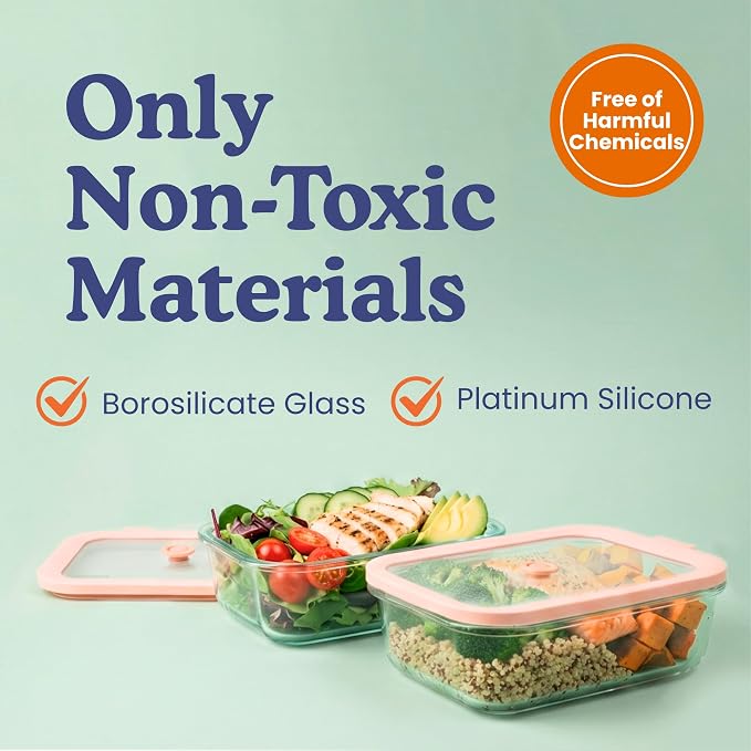 Ziruma Non-Toxic Glass Food Containers with Lids, 4-Pack, 21 oz, Beige | Plastic & BPA free. Glass body, glass lid & platinum silicone seal. Airtight & leakproof. Freezer & microwave safe