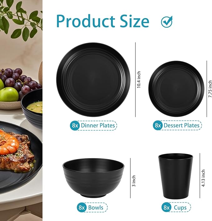 Supernal Wheat Straw Dinnerware Sets,Plates and Bowls Set, Dish Sets for 8, Unbreakable Plate for 8 Dishwasher Safe,Reusable Dinnerware Black-16pcs Plates, 8pcs Bowls, 8pcs Cups.