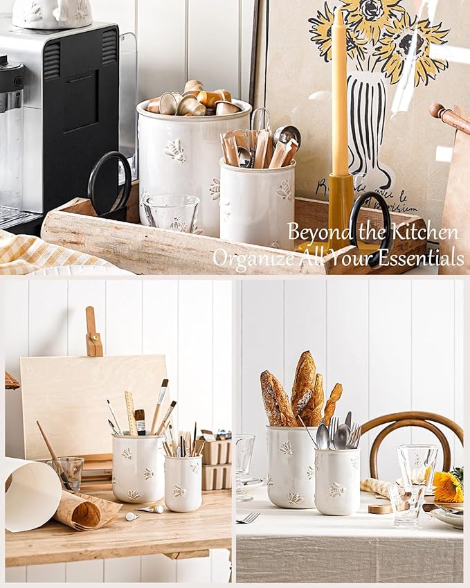 LE TAUCI Kitchen Utensil Holder Set of 2 - 6.9"+5.3" Large Ceramic Cooking Utensil Crock & Organizer for Spatula, Spoon, Whisk - Farmhouse Countertop Storage, Arctic White, Embossed, Bee