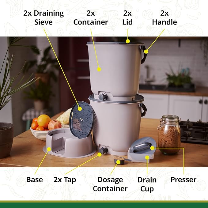 TeraGanix Bokashi Compost Starter Kit, Essential Set + Base, Indoor Composting, 2X 15.3L (4 gal) Bins, Collect & Ferment Waste, Airtight, No Pests or Odors, Bokashi Rice Bran Included, (Grey)