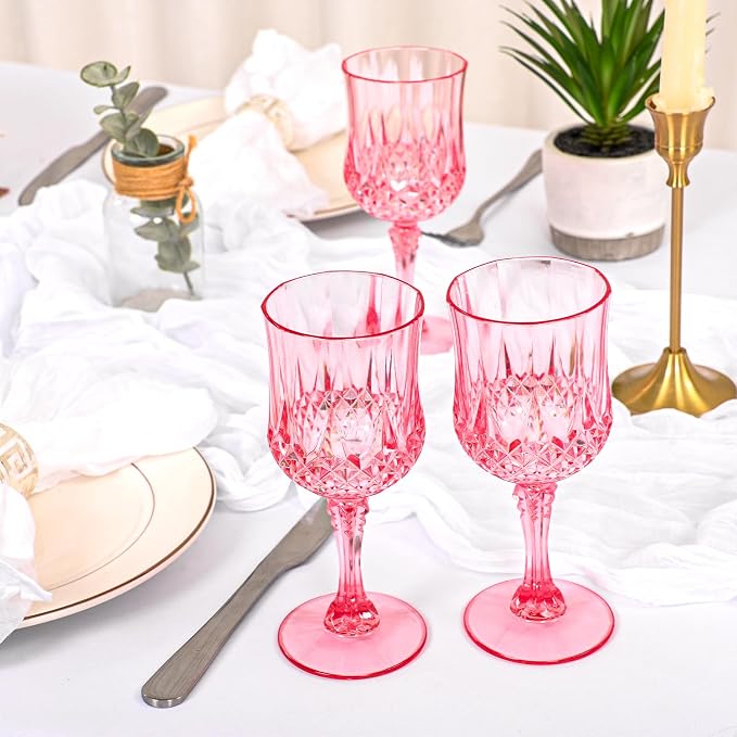 48 Pack Pink Plastic Wine Glasses, Vintage Plastic Goblets for Parties, Drinking Glasses Unbreakable Glassware Crystal Water Goblets Reusable Drinkware for Wedding Reception Grand Event Party