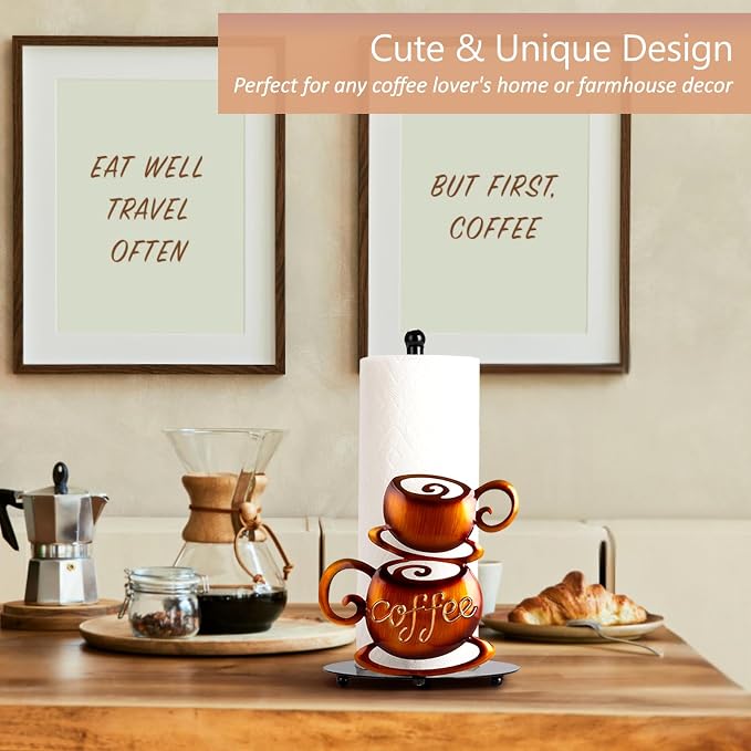 Standing Paper Towel Roll Holder Countertop for Coffee Lovers Women Men, Farmhouse Kitchen Decor and Accessories, Coffee Table Decor for Kitchen Home, 3D Hand-Painting Pattern, Metal