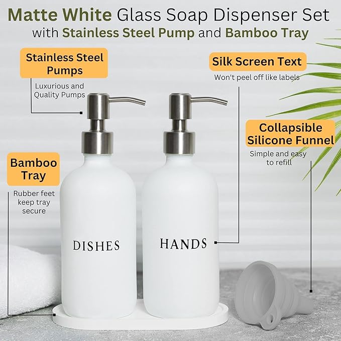 Glass Hand and Dish Soap Dispenser Set with Bamboo Tray – 16 oz Kitchen Soap Dispenser Set, Stainless Steel Pumps, Silicone Funnel – Modern Farmhouse Kitchen Sink Decor and Accessories