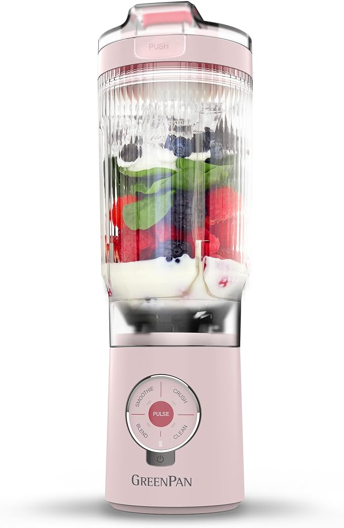 GreenPan Spin & Go Portable Blender, 24oz BPA-Free Cup, Self-Cleaning, Shakes Smoothies Juices, Crushed Ice & Frozen Fruits, Leakproof Lid, Fast Charge, Personal Handheld for Travel & Gym, Pink