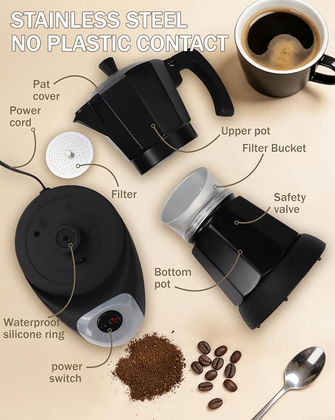 Electric Moka Pot with Detachable Base Aluminum Espresso Maker 10oz 6 Cup 300ml Black Italian Coffee Maker for Kitchen Home 110V
