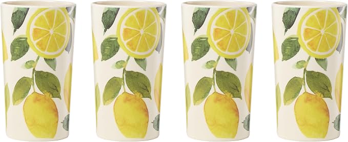 Oneida 24 Seven Melamine Collection, Dishwasher Safe Melamine Dinnerware and Drinkware, Lemon Pattern, Tumbler Set, 16 oz, 4-Piece