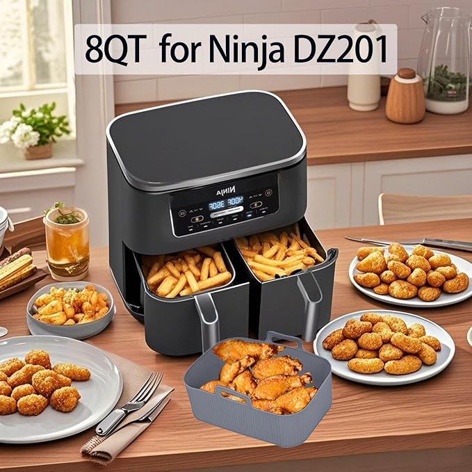 Silicone Air Fryer Liners for Ninja - Reusable 8 Qt Bowl for Foodi DZ201 Dual Basket Airfryer - Rectangular 2-pack 2025 Upgraded Food Safe Silicone Baking Tray Red (GRAY & BLACK)