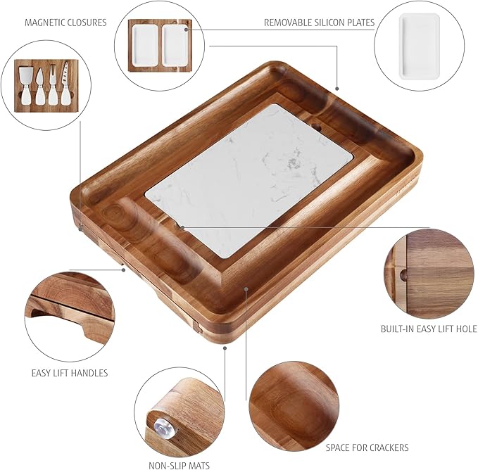 hecef Cheese Board Set Acacia Wood - Large Charcuterie Board with Stainless Steel Knife Set, Thick Wooden Server - Fancy House Warming, Birthday Choice for Gourmets, Feast, Cheese Serving