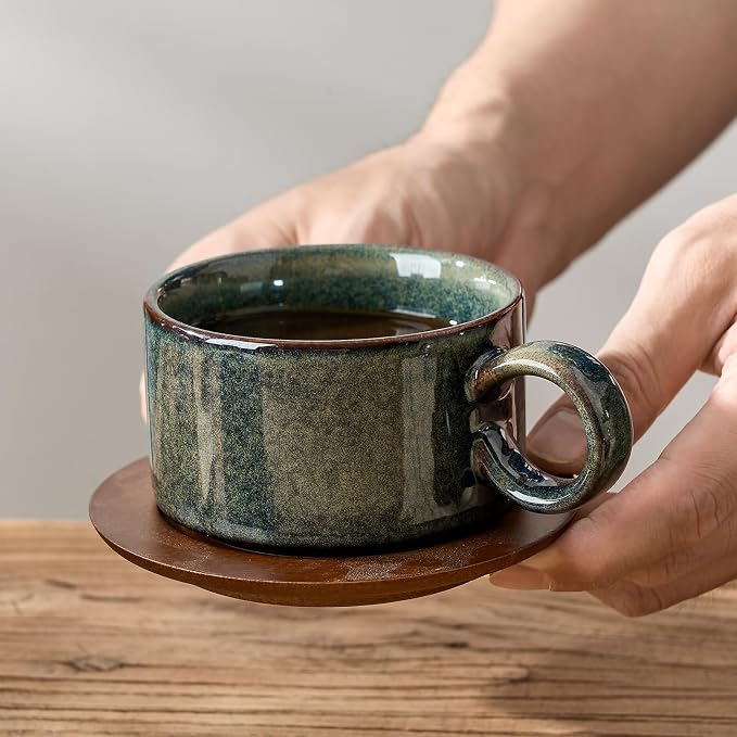 LUKA 6 Ounce Porcelain Stackable Espresso Cups with Saucers and Metal Stand Set of 4, Ceramic Cappuccino Cups Set for Specialty Coffee Drinks, Latte, Cafe Mocha and Tea, Kiln Tide Glaze
