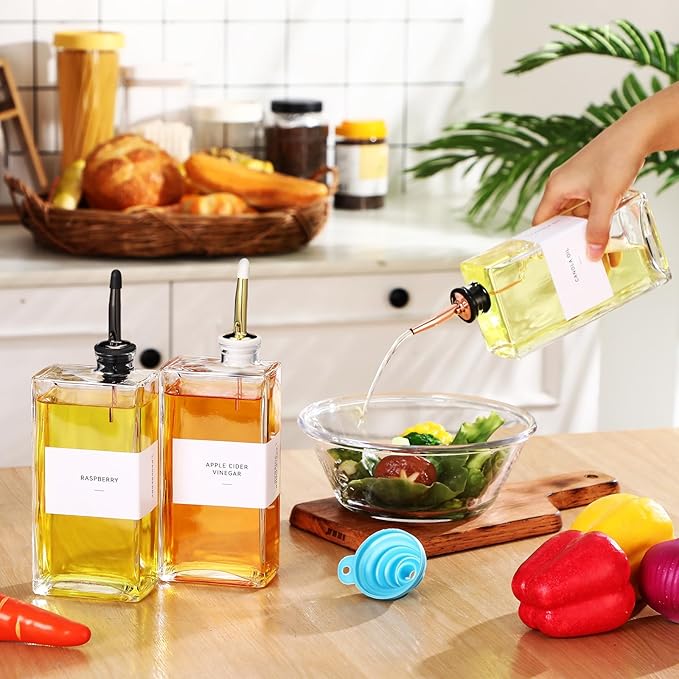 Reallnaive 3 Sets Olive Oil Dispenser Bottles for Kitchen with Nozzles Funnel Labels Cooking Oil Dispenser 500ml Set for Kitchen Vinegar Coffee Syrup (Colorful)