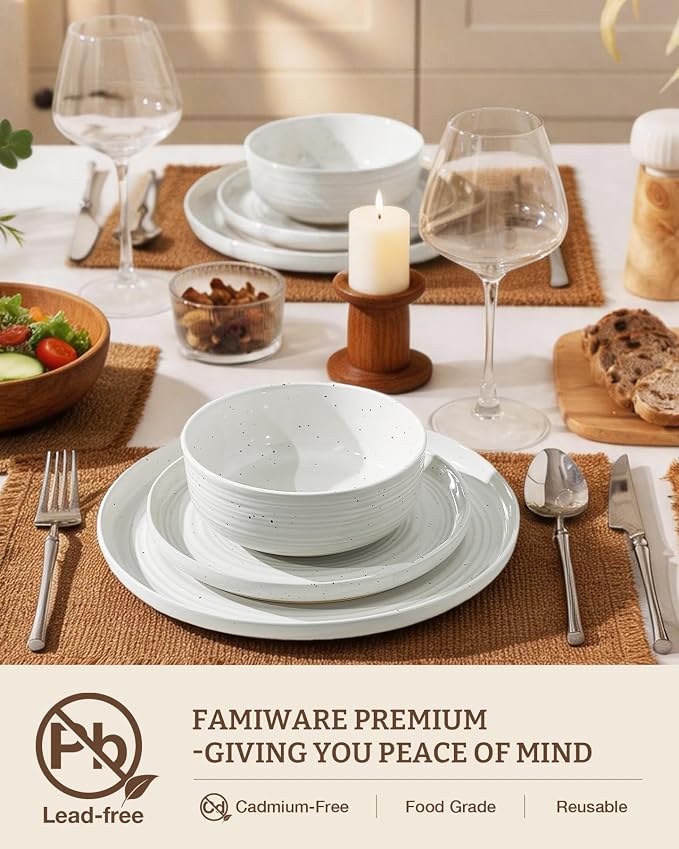 16-Piece Stoneware Dinnerware Sets for 4 with Pasta Bowls – Speckled Glaze with Spiral Design, Coupe Plates and Bowls - Chip & Scratch Resistant, Microwave & Dishwasher Safe, White