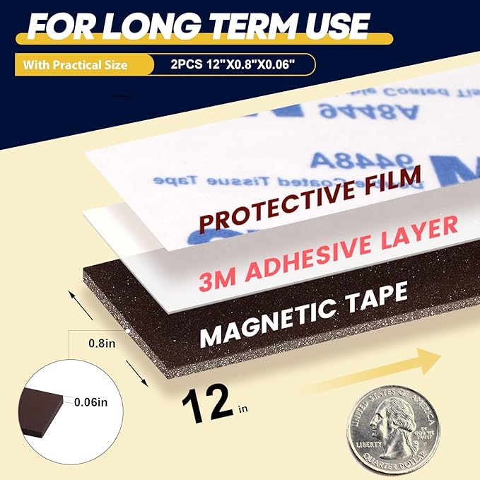 Extra Strong Flexible Neodymium Magnetic Strip 12 X 4/5"(2 Pieces),60 Mil Magnetic Tape Strips with Adhesive Backing, Heavy Duty NdFeB Magnets,Super for Basemen Tool Room,Garage,Organized Storage