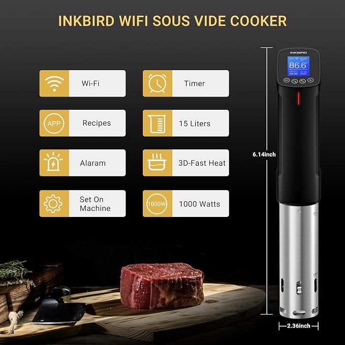 INKBIRD WIFI Sous Vide Cooker Bundle with 30PCS Sous Vied bags and Vacuum Sealer Pump, Sous Vide Starter Kits, Recipes on APP,1000W Sous-Vide Machine for Steak