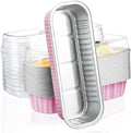 EUSOAR Cupcake Liners with Lids, 25pcs 6.8oz 6.5"x2.5"x1.2" Pink Aluminum Mini Loaf Pans with Lids, Foil Ramekins Pan Tin with Lids，Cupcake Baking Cups Containers, Dessert Cheesecake Pan