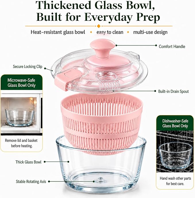Good Grips 3.2 Qt Glass Salad Spinner Small Vegetable Dryer with Drain Microwave Safe Dishwasher Safe with Transparent Lid Crank Handle Quick Spin Greens Washer for Lettuce Herbs Fruits Pink