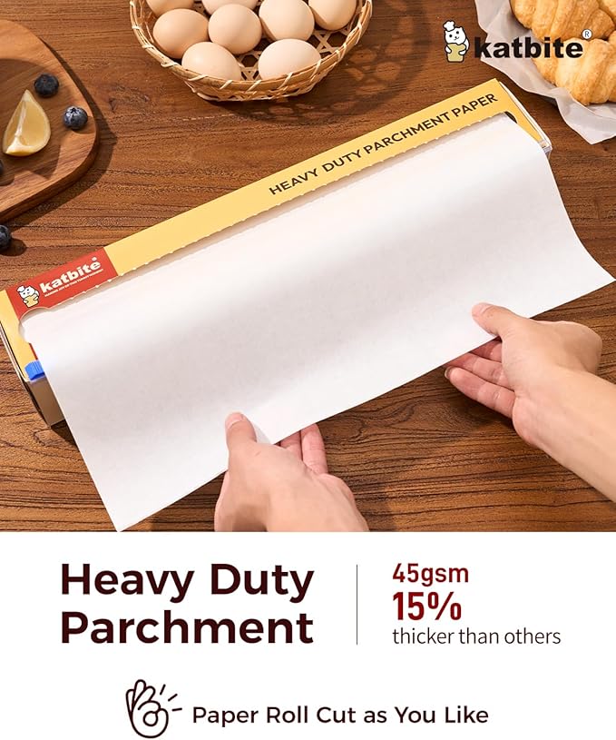 Katbite Heavy Duty Parchment Paper Roll for Baking, 15 in x 210 ft, 260 Sq.Ft Baking Paper with Slide Cutter, Easy to Cut & Non-stick Cooking Paper for Bread, Cookies, Air Fryer, Steaming, Grilling