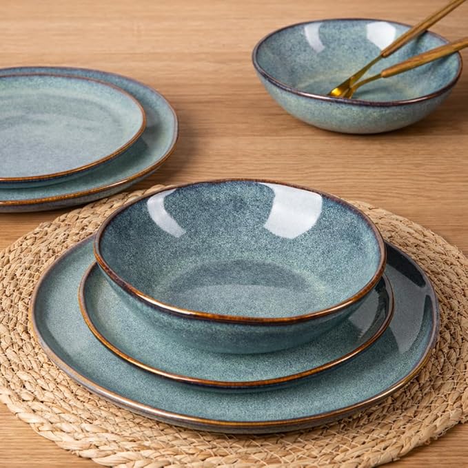 AmorArc Ceramic Dinnerware Sets,Handmade Reactive Glaze Stoneware Plates and Bowls Sets,Highly Scratch Resistant | Dishwasher & Microwave Safe Dishes Set,Service for 4 (12pc)