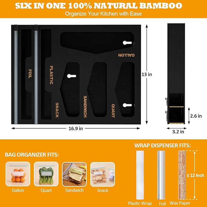 DALSHABET Bamboo Bag Organizer with Magnetic Closure, 6 In 1 Kitchen Drawer Foil and Plastic Wrap Dispenser with Cutter, Storage bag for Gallon, Quart, Sandwich, Snack Black