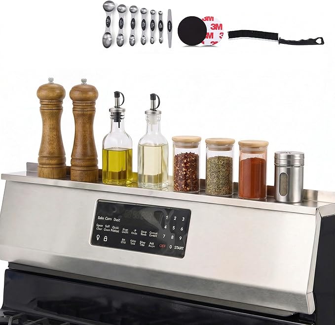 30 Inch Magnetic Stove Top Shelf - Stainless Steel Over Stove Storage Rack for Spices & Condiments - Tool-Free Fit for Flat & Curved Stoves