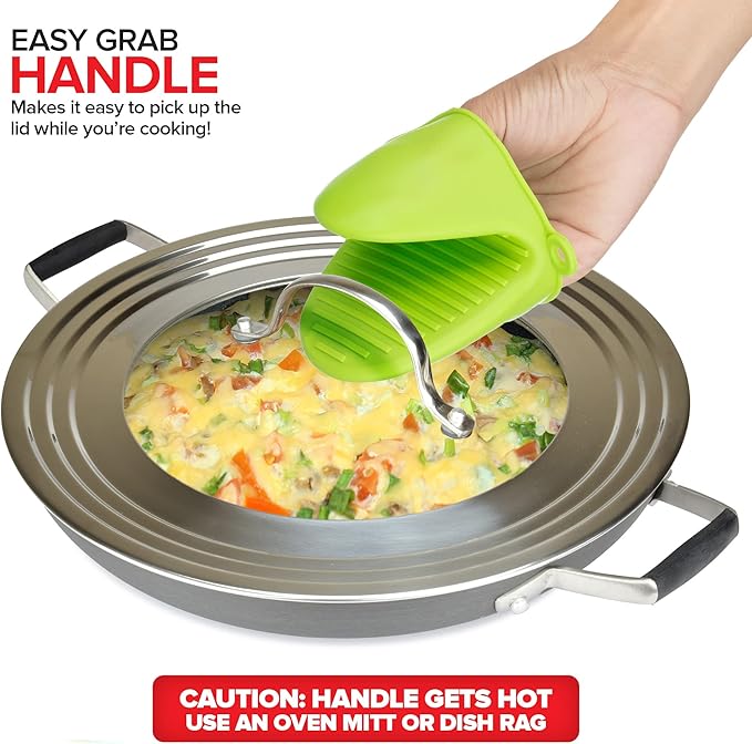 Modern Innovations Universal Lids with Tempered Glass (2 Pack), Fits 8.25 to 12 Inch Pots and Pans, Replacement Frying Pan Covers and Cast Iron Skillet Lids with Stainless Steel Rim