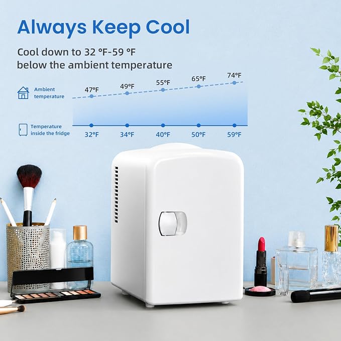 Antarctic Star 4L/6 Can Portable Compact Refrigerator for Bedroom,Car,Office & Dorm,Small Cooler for Food/Drinks/Skin Care,AC/DC,WHITE