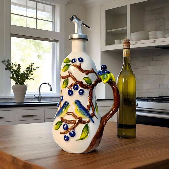 Hand-Painted Ceramic Relief Olive Oil Bottle Dispenser, with Handle Decorative Olive Oil Dispenser Bottle, Kitchen Ceramic Oil Vinegar Bottle Seasoning Bottle with Stainless Steel Spout & Funnel