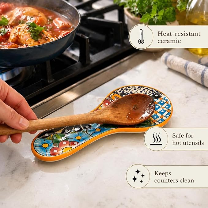 Talavera Spoon Rest – Hand-Painted Ceramic Utensil Rest Handmade in Mexico, 10" Large for Stove Top and Counter, Dishwasher Safe Lead Free, Gift Ready Cuchara Multicolor