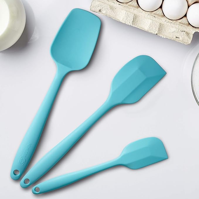 Silicone Spatula 3‑Piece Set Heat Resistant 600°F Non‑Stick Rubber Spatulas with Stainless Steel Core ALLWIN HOUSEWARE Large Spatula, Spoonula & Mini Spatula for Cooking & Baking, Light Blue