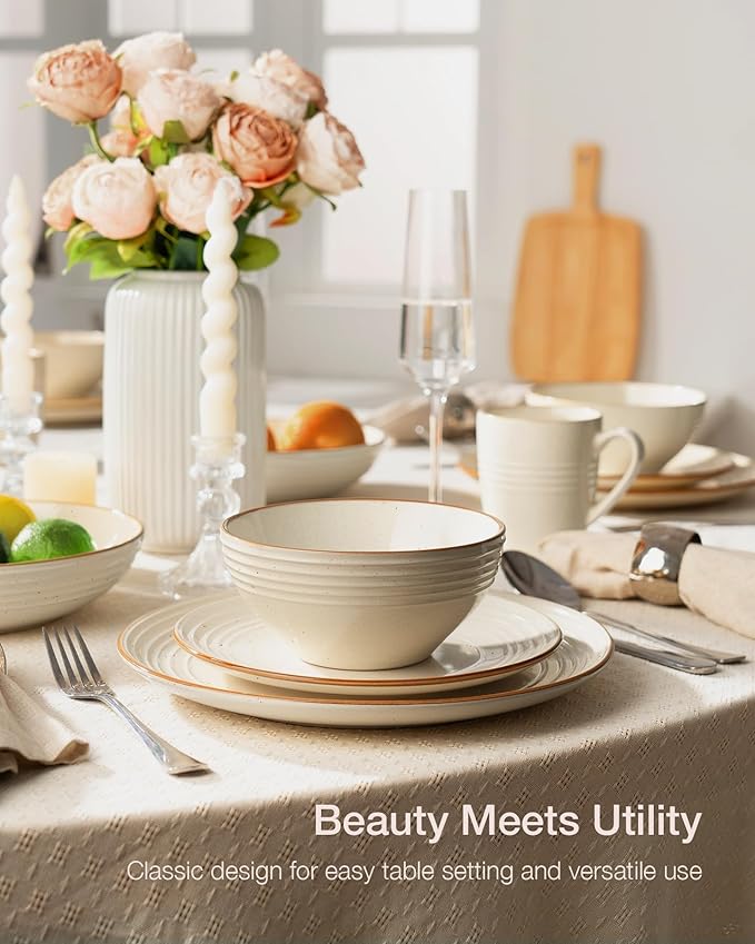 Famiware Jupiter 16-Piece Stoneware Dinnerware Ses - Includes Pasta Bowl & Dinner Plate, Handcrafted Dishes with Speckles & Embossed Swirls, Chip & Scratch Resistant, Service for 4, Vanilla White