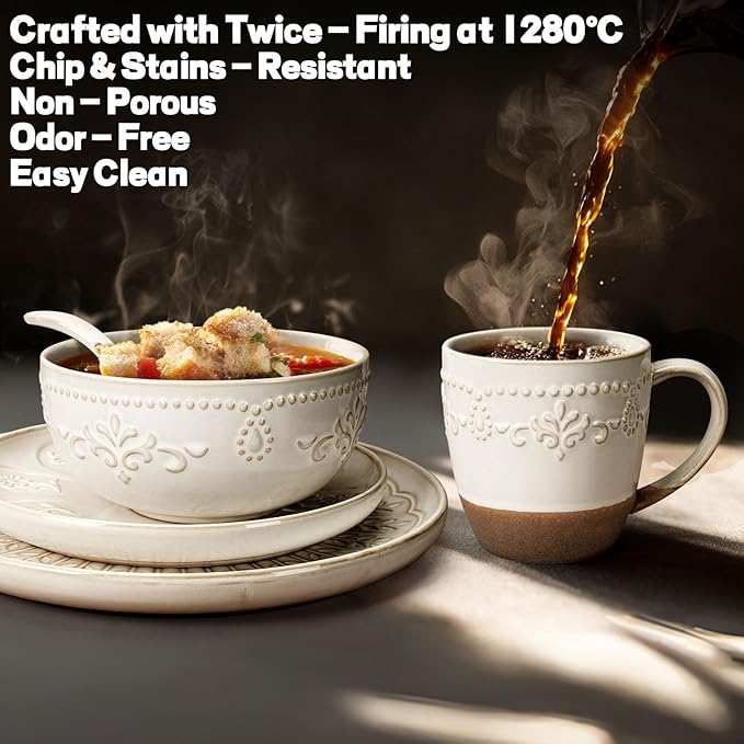 Artena Ceramic Coffee Mugs Set of 4, 16oz Embossed Large Latte Mugs Coffee Cups with Handle for Tea, Latte, Cappuccino & Cocoa, Milk Dishwasher & Microwave Safe, White (Multiple Patterns)