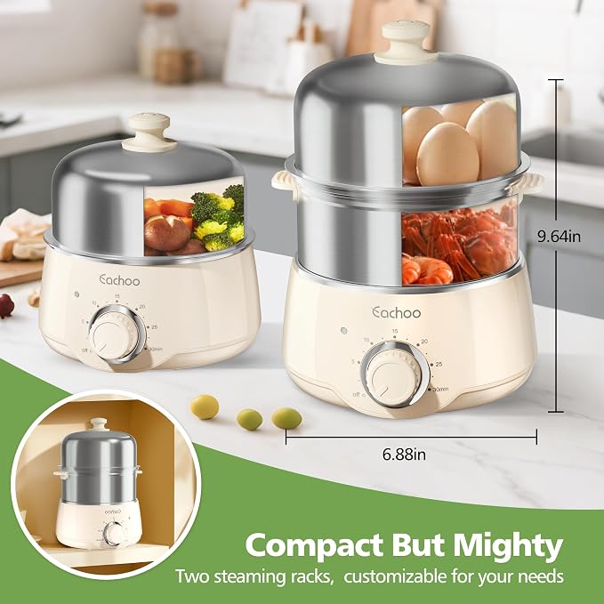 Hard Boiled Egg Cooker - CACHOO 14-Egg Rapid Stainless Steel Egg Boiler with 30-Min Timer & Auto Shut Off, Compact Electric Vegetable Steamer for Cooking, Dishwasher Safe, Beige