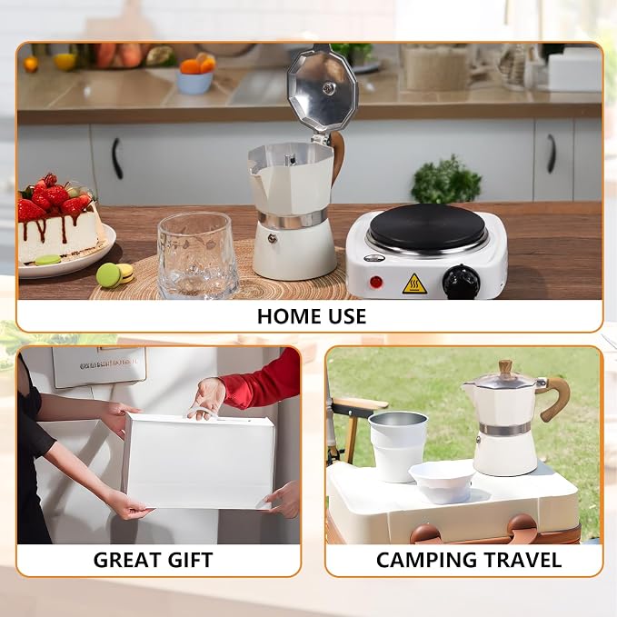 2-in-1 Aluminum Moka Pot Set with Electric Stove Classic Stovetop Espresso Coffee Maker 150ml 5oz Mocha Express Portable Gift Camping Travel Preferred Cafe Italian Cuban Café Brewing 3 Cup